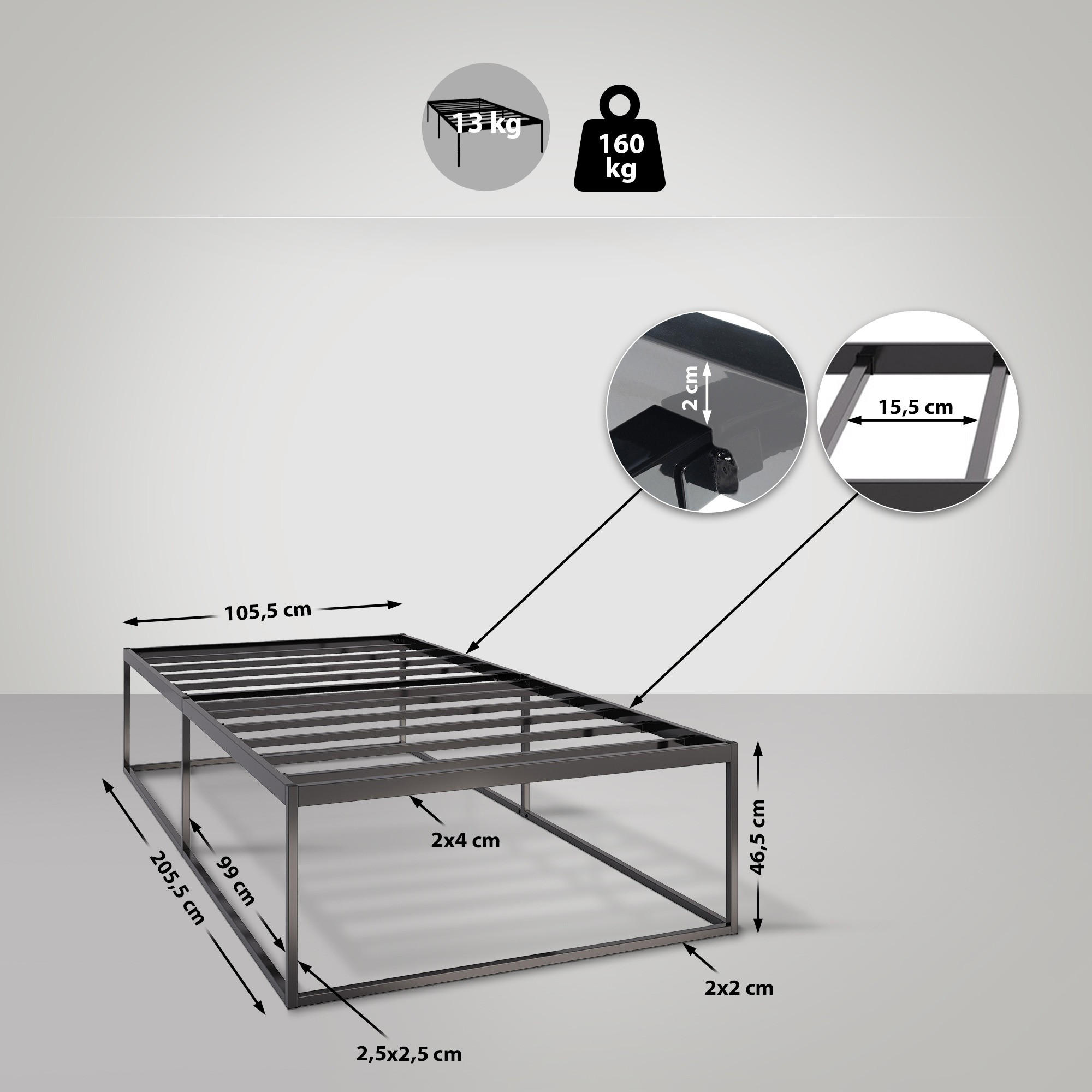 METALLBETT 105.5/205.5/46.5 cm Metall Schwarz - Schwarz, Metall (105.5/205.5cm) - CLP