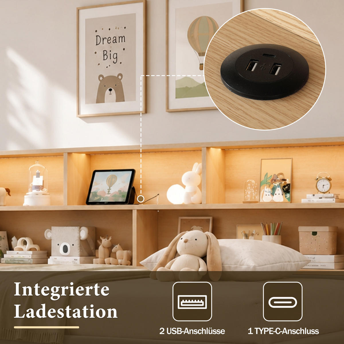 POLSTERBETT 90/200 mit Ausziehbett, LED und USB-Anschluss in Grau - Grau, Holzwerkstoff/Textil (90/200cm) - EVRYAE