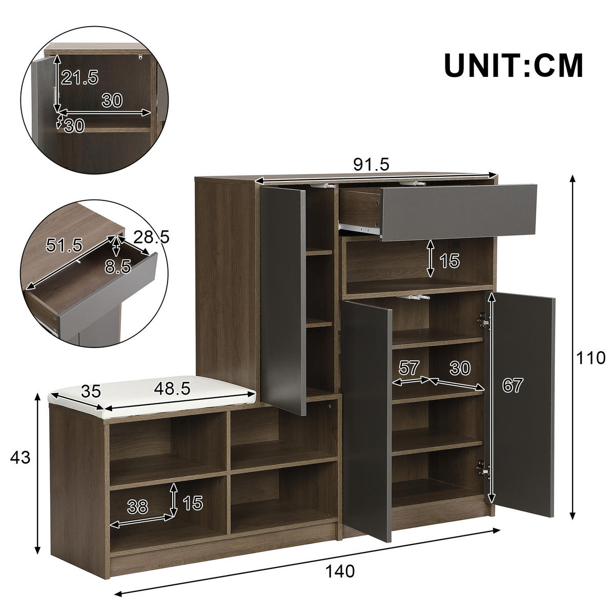 SCHUHSCHRANK MIT SITZBANK Grau 140/35/110 cm - Grau, Holzwerkstoff (140/110/35cm) - PANGIVO