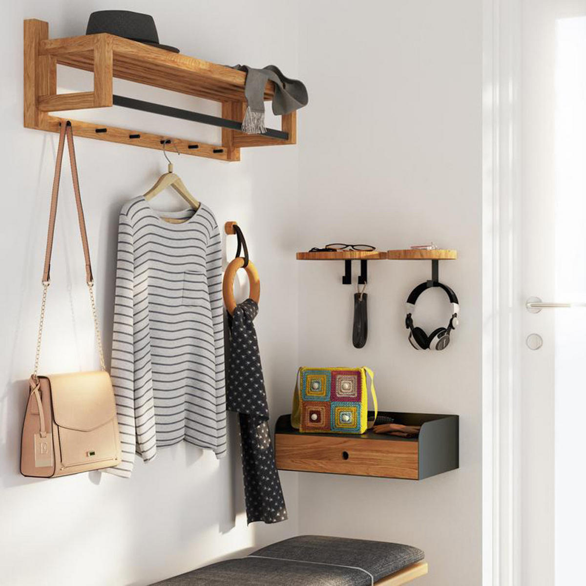 WANDGARDEROBE Bo, Eiche und schwarzes Metall, 26/88/26 cm - Beige, Holz (88/26/26cm) - WOODEK