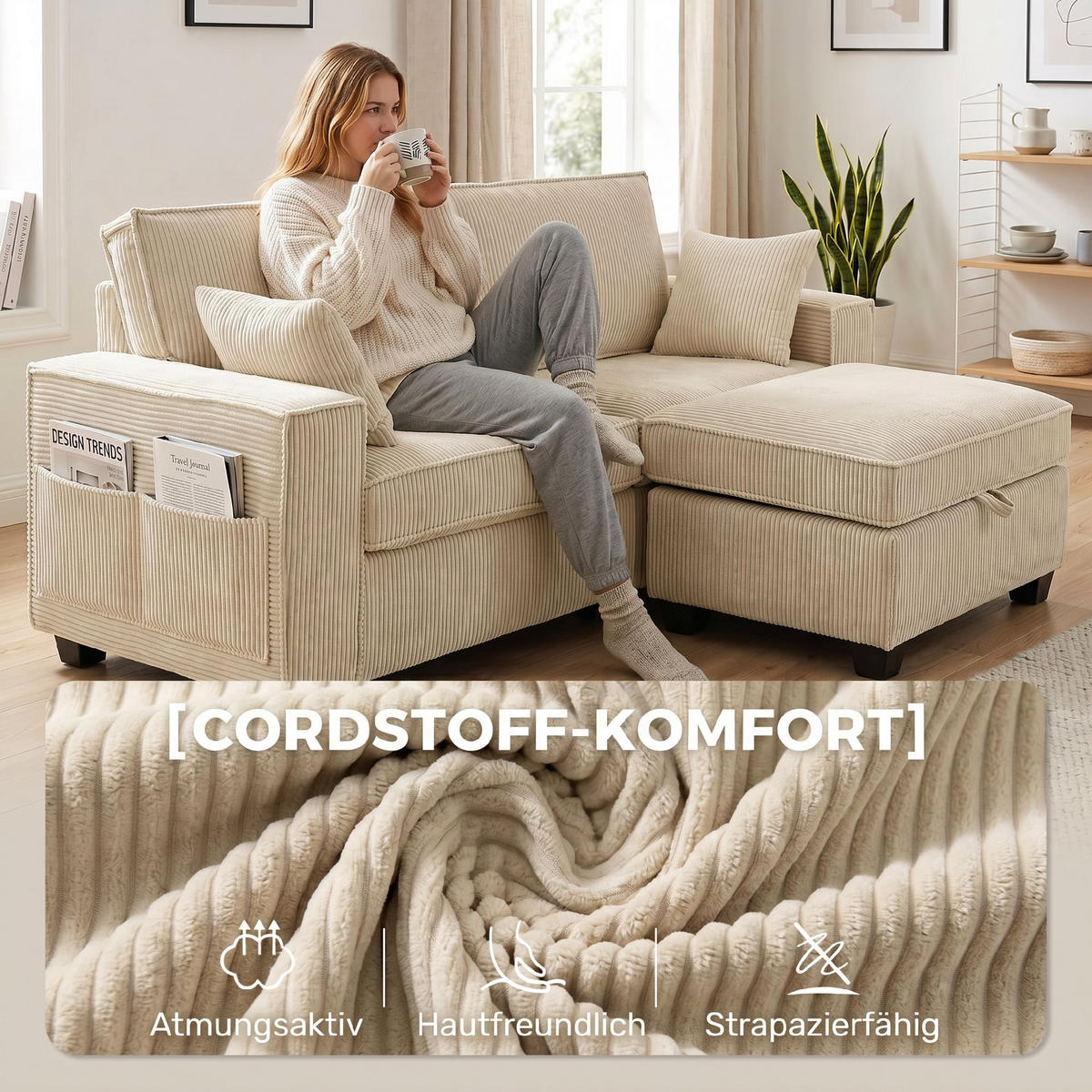 ECKSOFA Cord (100 % Polyester) Beige - Beige, Holzwerkstoff/Kunststoff (151/216cm) - HOMCOM