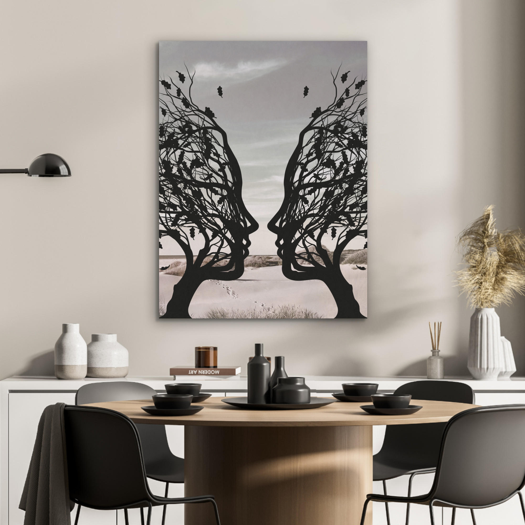 AKUSTIKPANEEL Strand - Meer - Menschen - Baum - Moderne Kunst 60x80 cm - Hellgrau, Textil (60/0.9/80cm) - MuchoWow