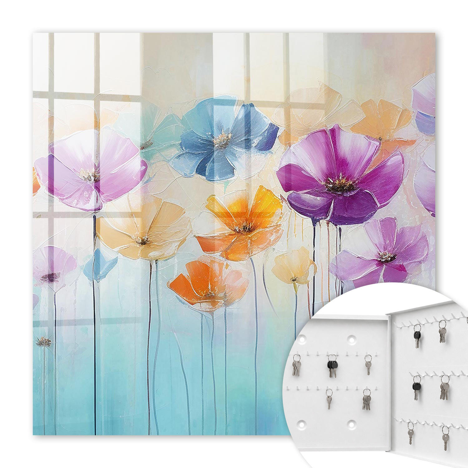 SCHLÜSSELBOX Weiß 30x30 cm – Türöffnung nach rechts - Bunte Blumen - Lila, Metall (30/30/5cm) - TULUP