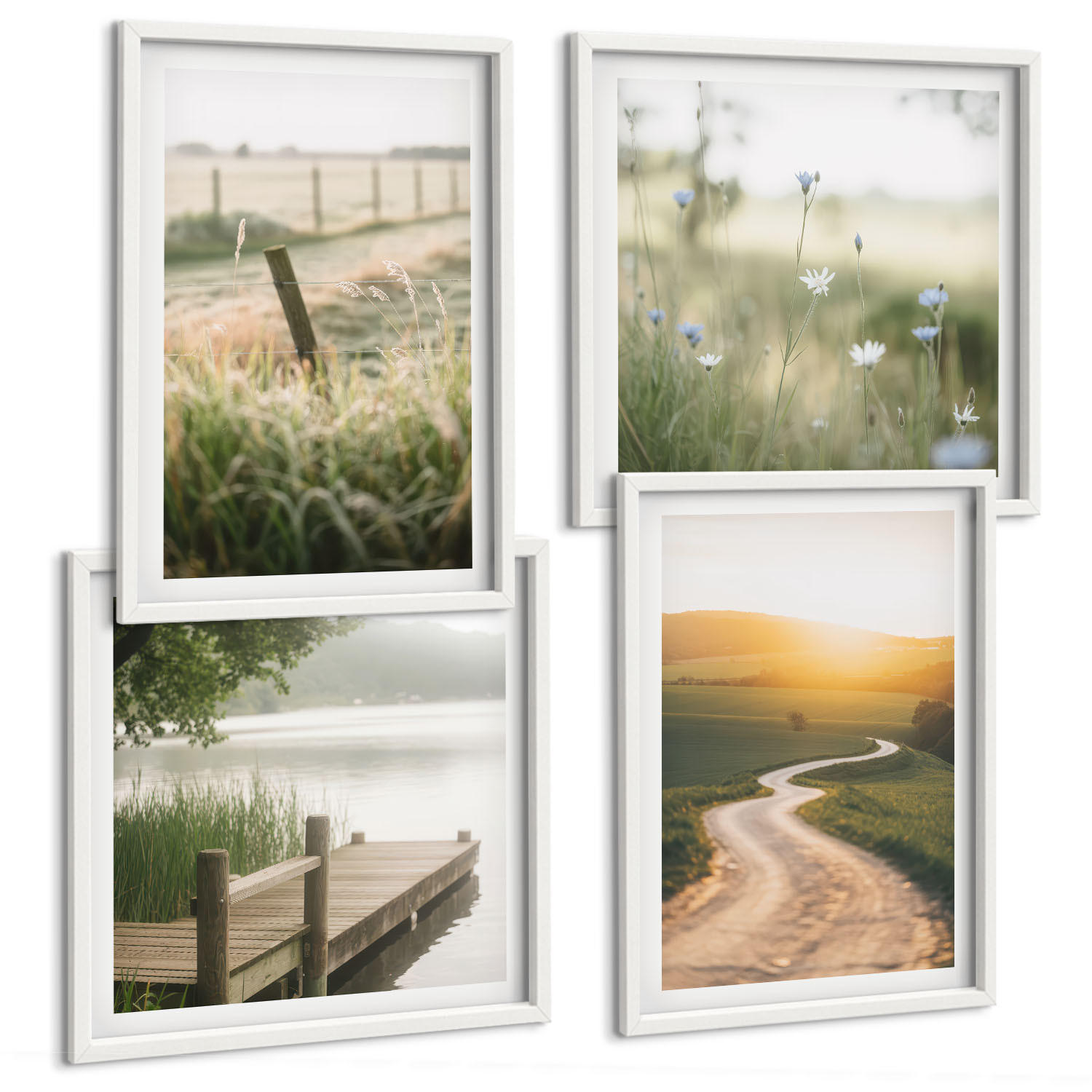 BILDER SET 4er Set - 50x50 cm & 40x60 cm Weißer Rahmen - Landschaftswiesenstraße West - Weiß, Kunststoff (50/50cm) - TULUP