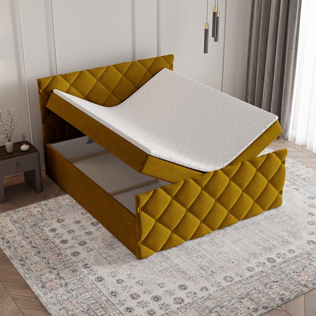 BOXBETT ROVARI 140x200 cm mit Matratze und Topper - Gelb - Gelb, Holz (140/200cm) - MASSENO