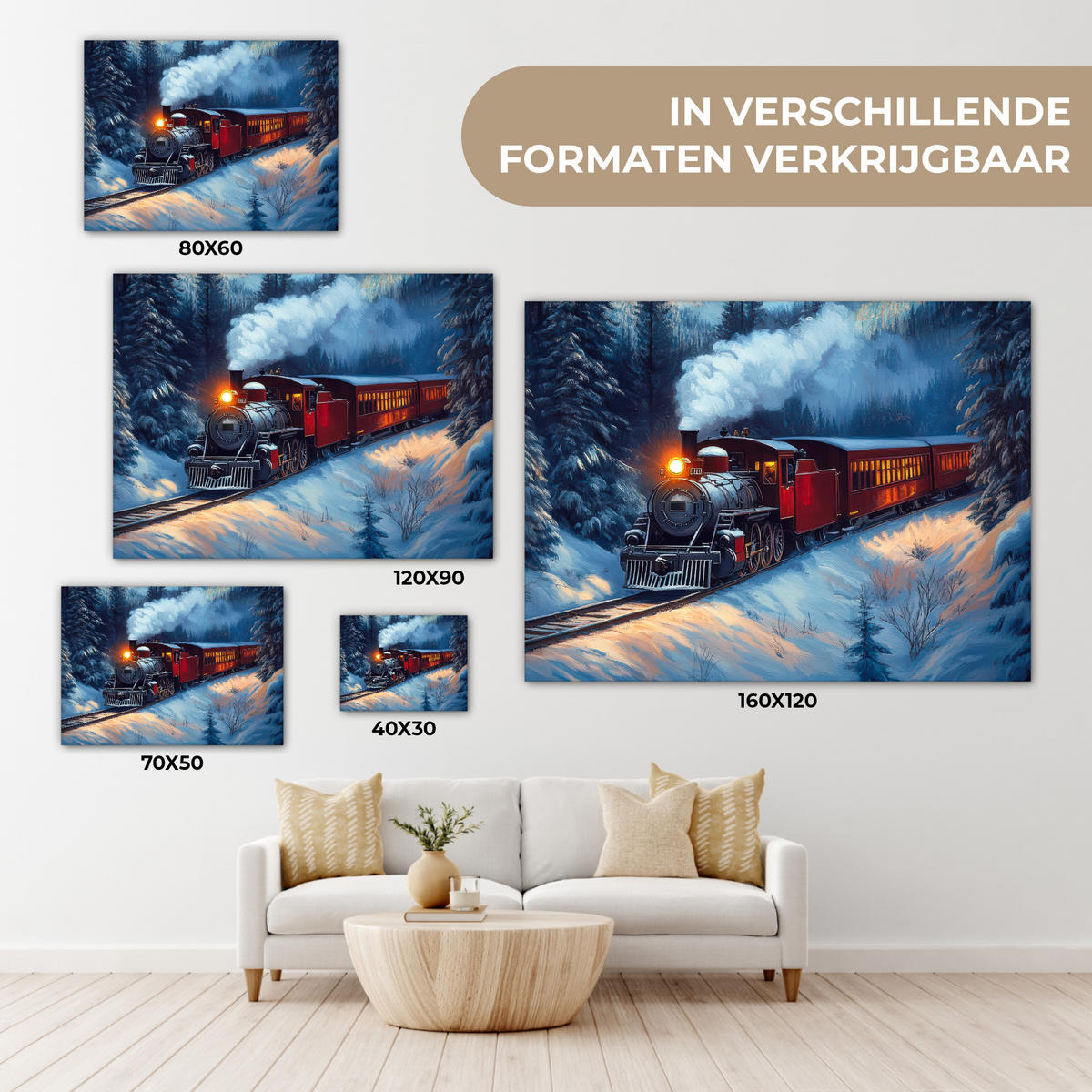 LEINWANDBILD Zug - Weihnachten - Schnee - Weihnachtszug Wandbilder 80x60 cm - Anthrazit, Textil (80/60cm) - MuchoWow