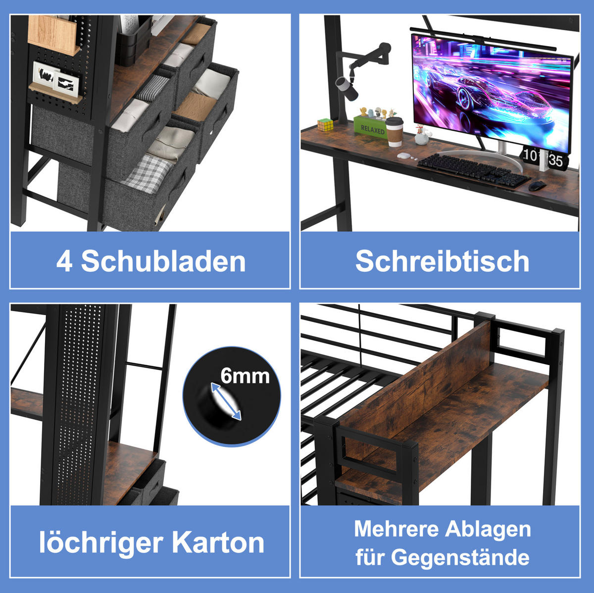 HOCHBETT 90/200 cm Schwarz mit Schreibtisch und LED-Beleuchtung mit Matratze - Schwarz, Metall (90/200cm) - OKWISH