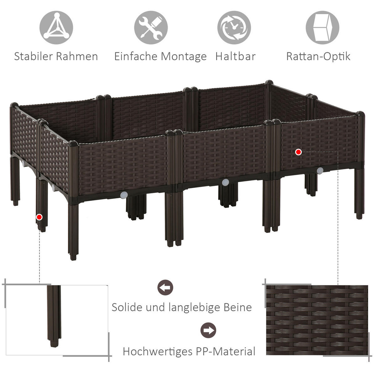 HOCHBEET, 6-tlg. Pflanzkasten mit Abflusslöchern, Rattan-Look, Blumenkasten, DIY, Braun, 40 x 40 x 44 cm - Braun, Kunststoff (40/44/40cm) - Outsunny