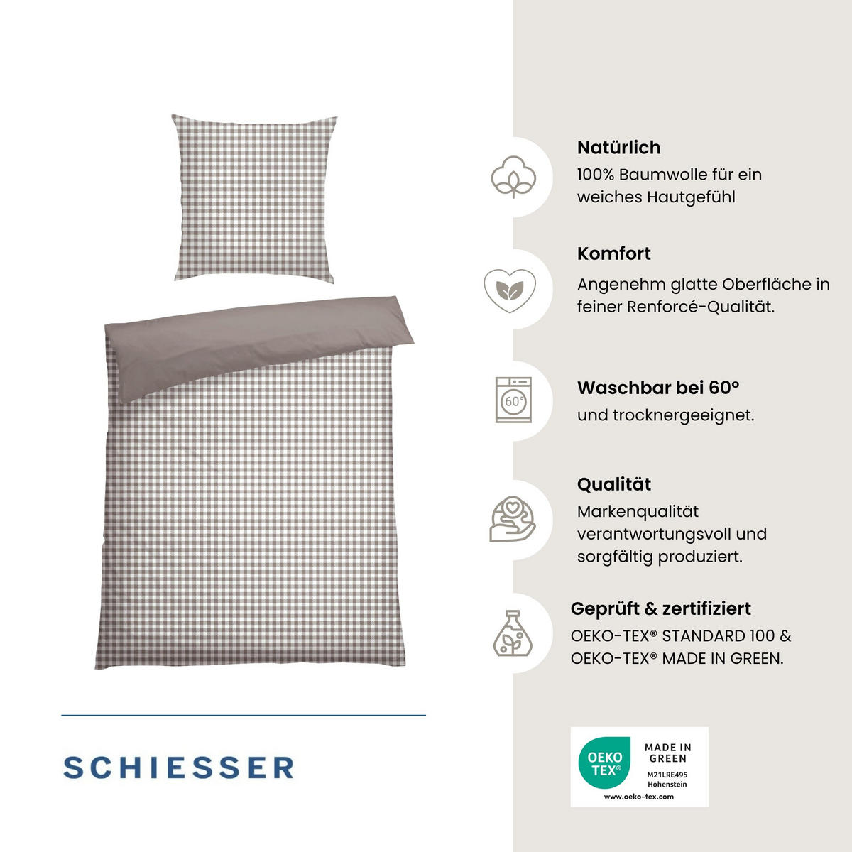 BETTWÄSCHESET Vichy - Renforcé - 2-teilig - 135 x 200 cm - Grau - Grau, Textil (135/200cm) - SCHIESSER