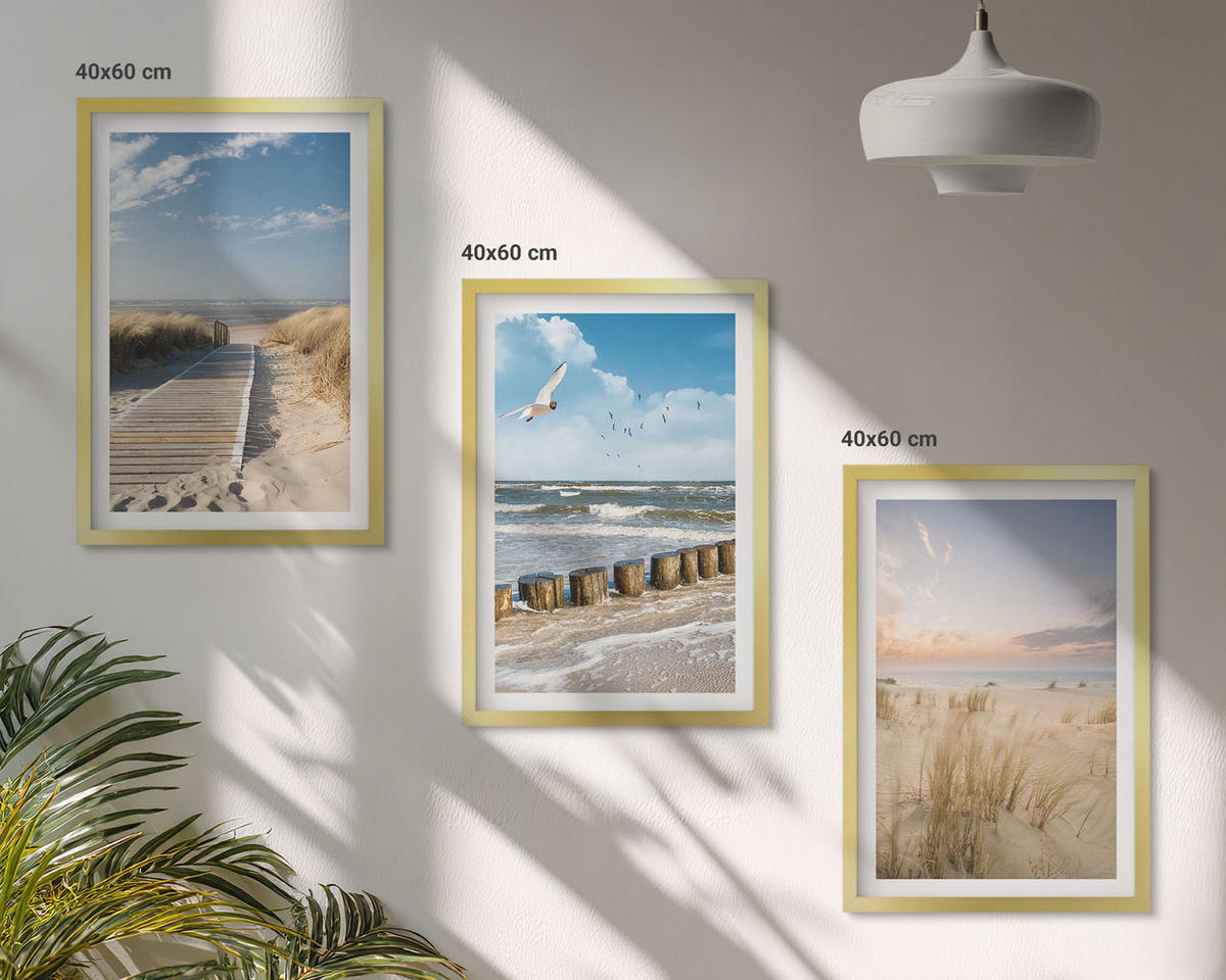 BILDER SET 3er Set - 40x60 cm Goldrahmen - Strand, Sand, Wellen, Himmel, Vögel - Goldfarben, Kunststoff (40/60cm) - TULUP