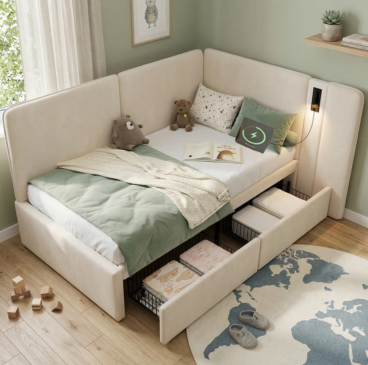 POLSTERBETT aus Samt 90x200 cm in Beige mit 2 Schubladen, USB-C & Leselampe - Beige, Textil (90/200cm) - Modfu
