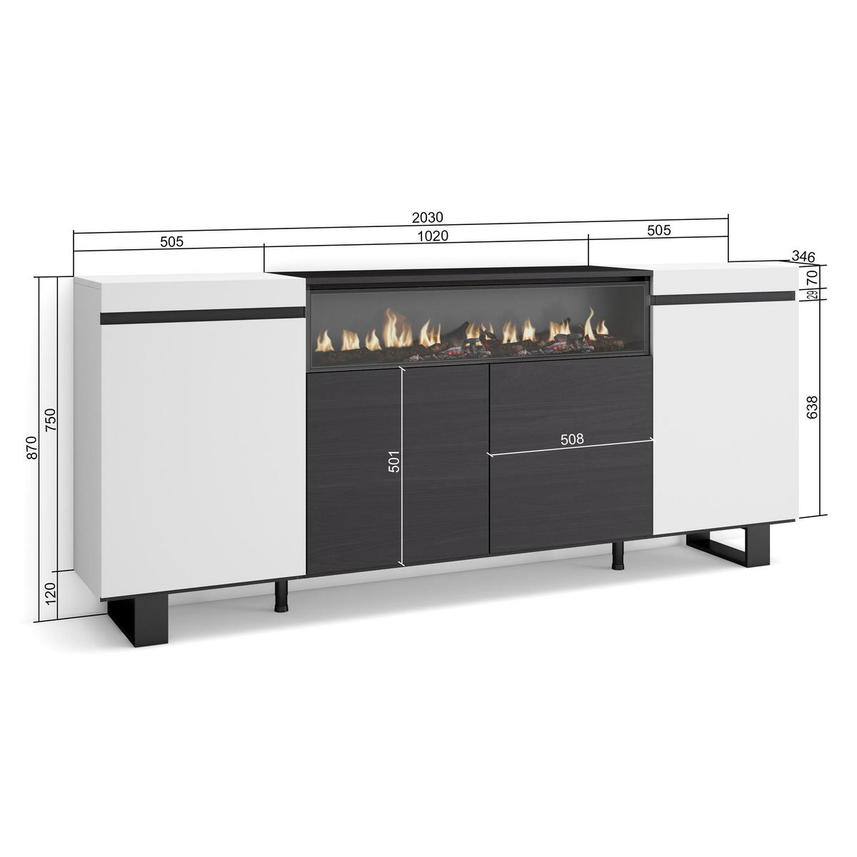 SIDEBOARD Elektrokamin, weiß und schwarz, 200/35/87cm - Multicolor/Schwarz, Holzwerkstoff (200/87/35cm) - Skraut Home