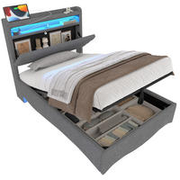 POLSTERBETT 90/200 cm Grau aus Leinen mit Stauraum, LED und USB-Anschlüssen - Grau, Textil (90/200cm) - Flora Grace