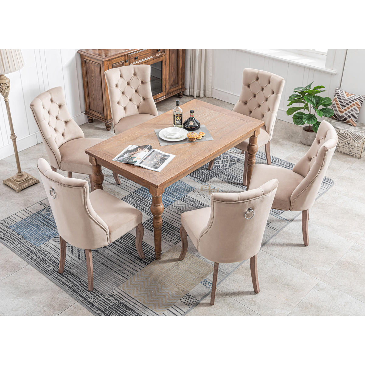 STUHL-SET DE-36945 6 Stück mit hoher Rückenlehne und Knopfsteppung Beige - Beige, Holz (51/97/47cm) - ComfortXL