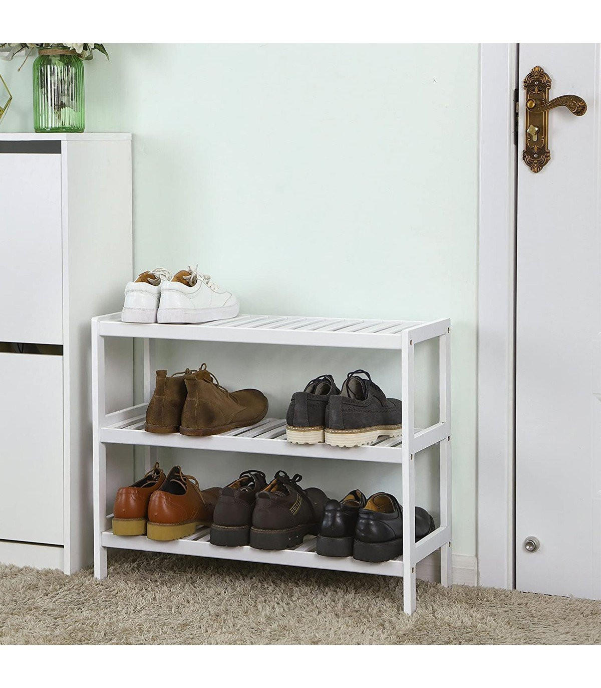 SCHUHREGAL mit 3 Ebenen aus Bambus Weiß - L70 cm - Weiß, Holz (26/55/70cm) - Calicosy
