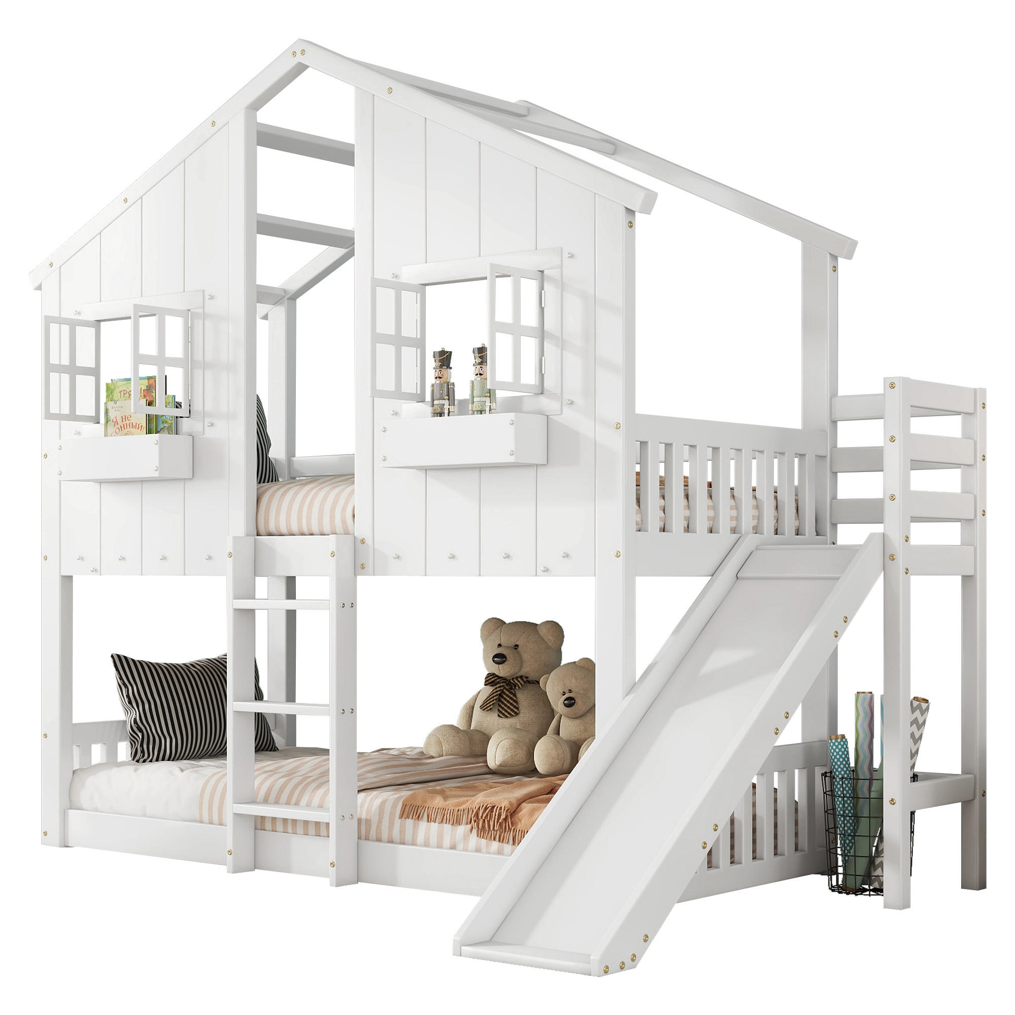 STILVORA ETAGENBETT 90/200 cm in Weiß Kinderbett mit Rutsche, Dach, Fenstern und Fallschutz