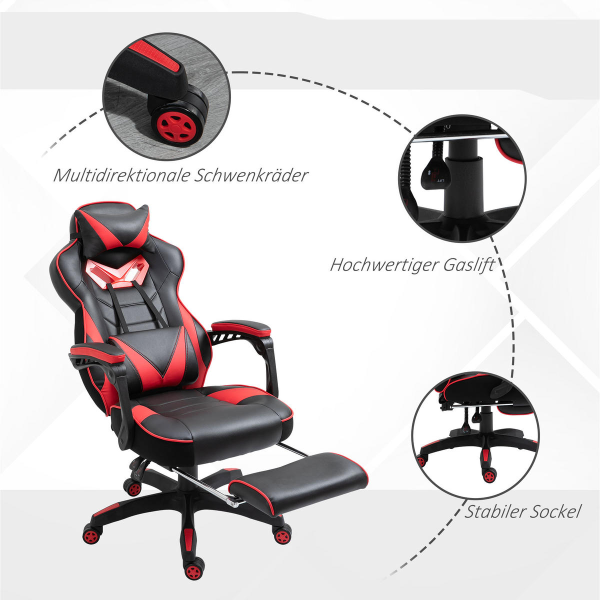 ERGONOMISCHER Bürostuhl, Schwarz+Rot - Multicolor, Leder (70/118.5/65cm) - Vinsetto