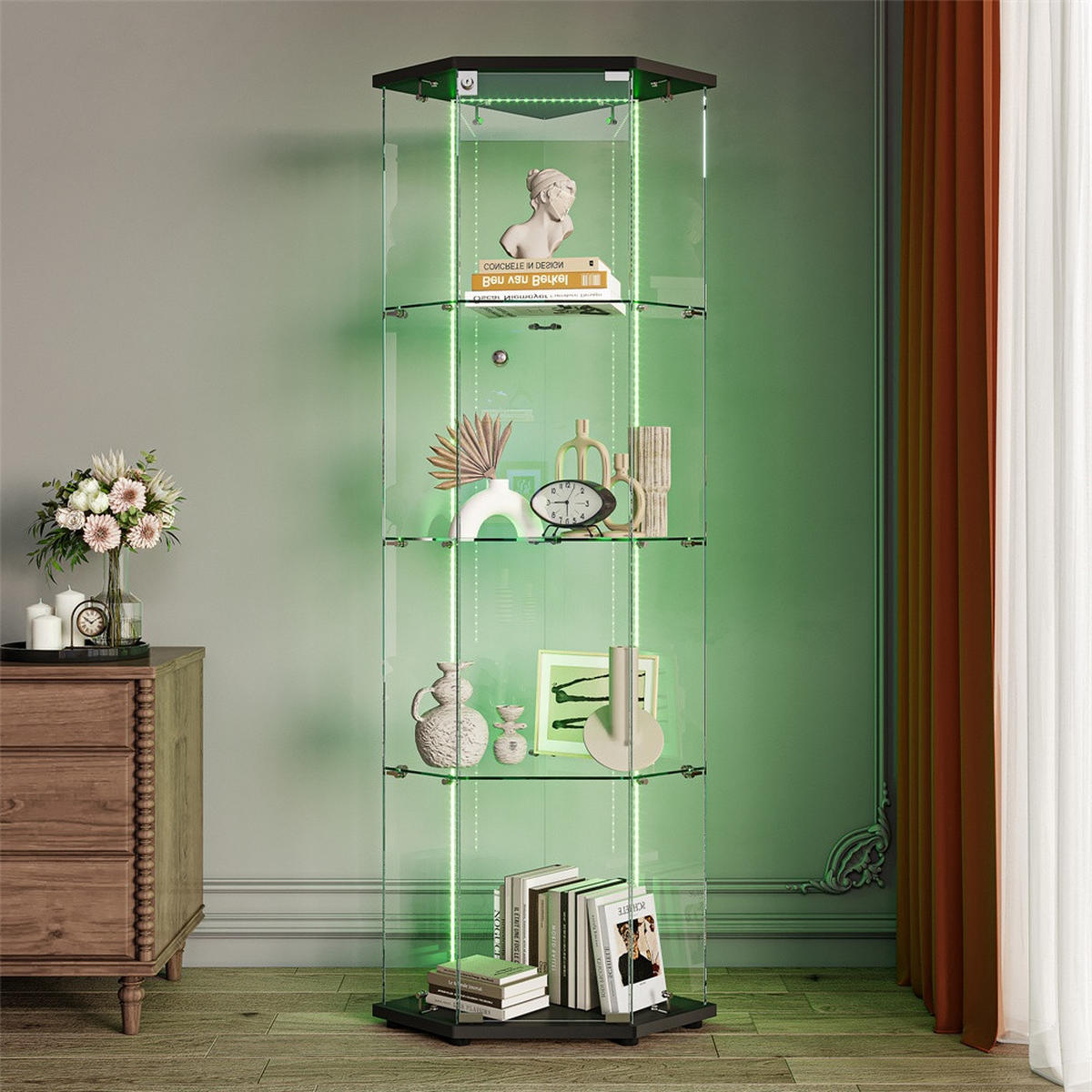 VITRINE mit RGB LED Beleuchtung - Eckvitrine mit 4 Ebenen und 1 Glastür - Glaskvitrine mit Schloss - Schwarz - Schwarz, Glas (60/162/42.5cm) - DELFA