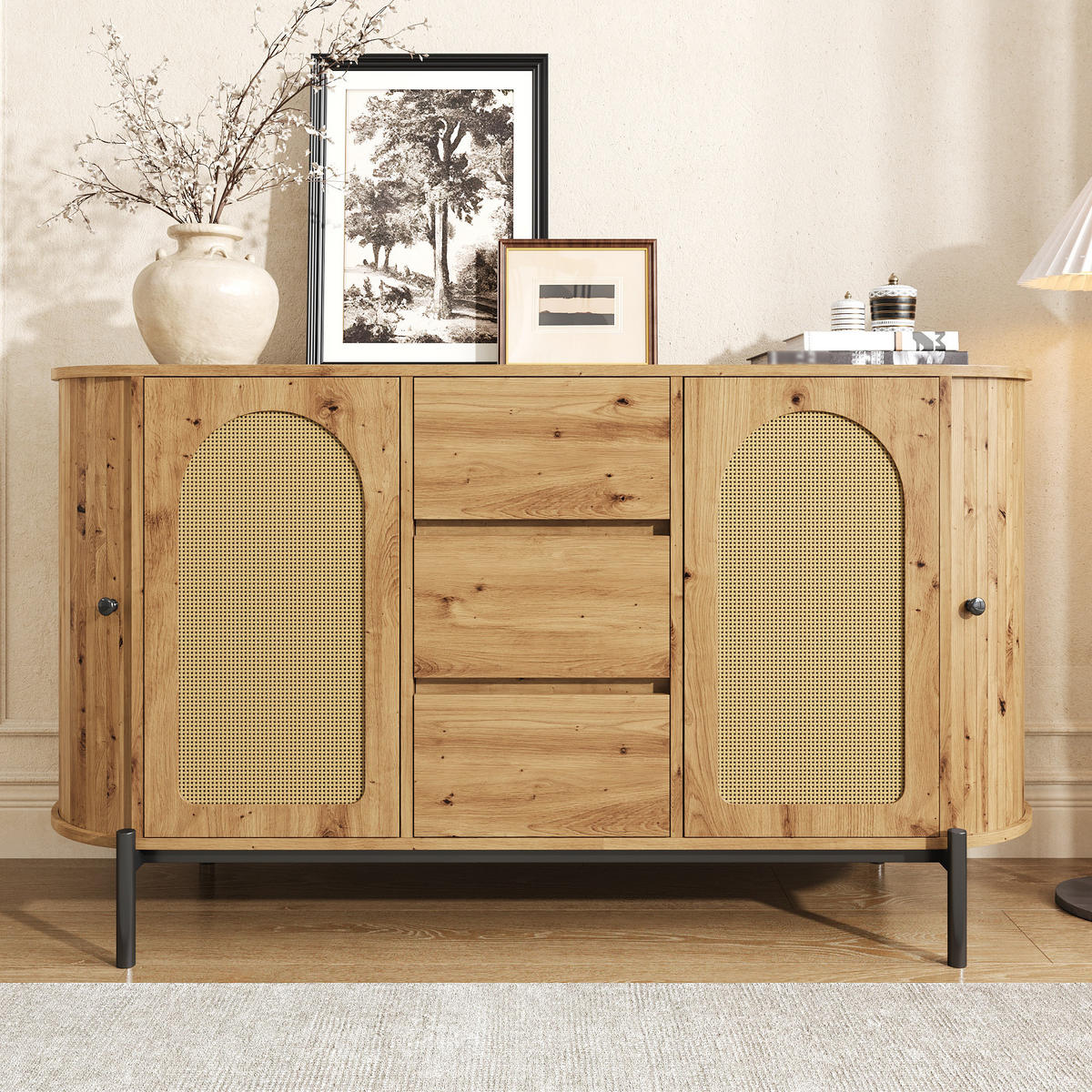 SIDEBOARD oval Rattan Holzoptik - Naturfarben, Holzwerkstoff (140/77.5/38cm)