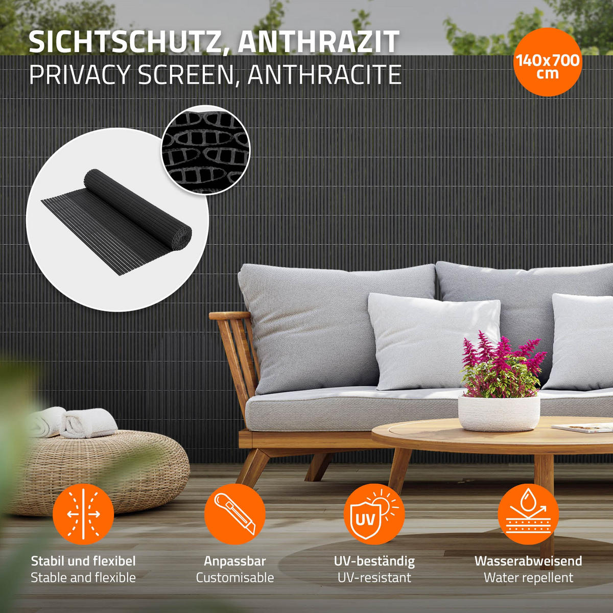 SICHTSCHUTZZAUN 2er Set - Anthrazit, Kunststoff (400/140cm)