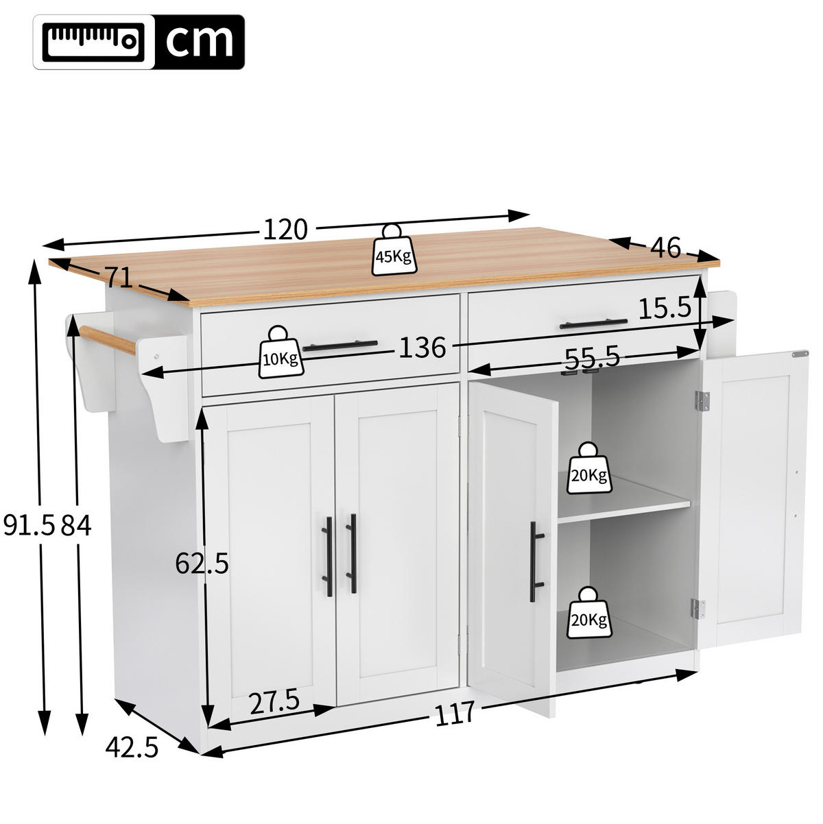 KÜCHENINSEL 120/91,5/46 cm Weiß/Natur aus MDF mit klappbarer Tischplatte - Weiß, Holzwerkstoff (71/91.5/120cm) - OKMYHOME