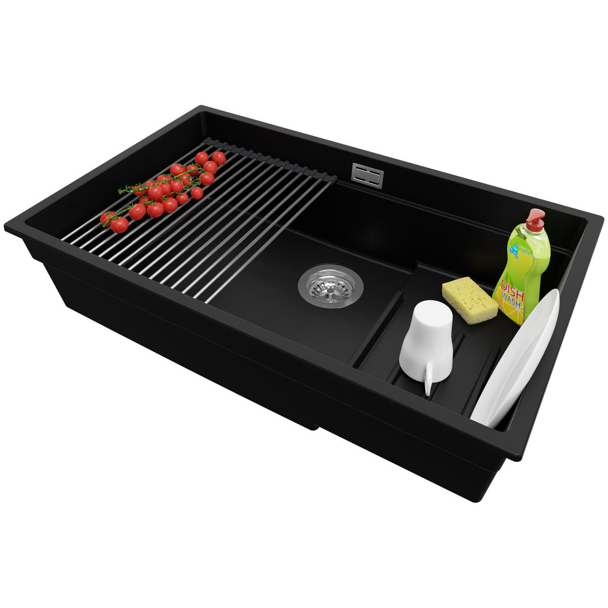 UNTERBAUSPÜLE GRANIT Praga, 2-er set Schwarz 76/47 cm 1 Becken + Ablauf-Set + Aufrollbare Abtropffläche ab 80er Unterschrank - Chromfarben/Schwarz, Kunststoff (76/20/47cm) - Primagran