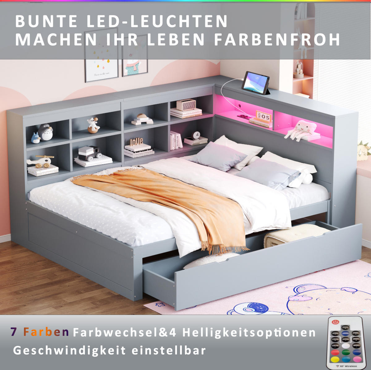 MULTIFUNKTIONSBETT aus Massivholz 140x200 cm Grau mit USB-Steckdose, LED-Beleuchtung und großem Stauraum - Grau, Holz (140/200cm) - Modfu