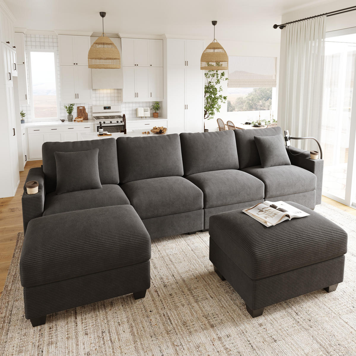 WOHNLANDSCHAFT 275.5/139/87 cm Grau mit Schlaffunktion, Handyhalter und USB-Ladeanschluss - Grau, Textil (275.5/87/139cm) - Oxeza