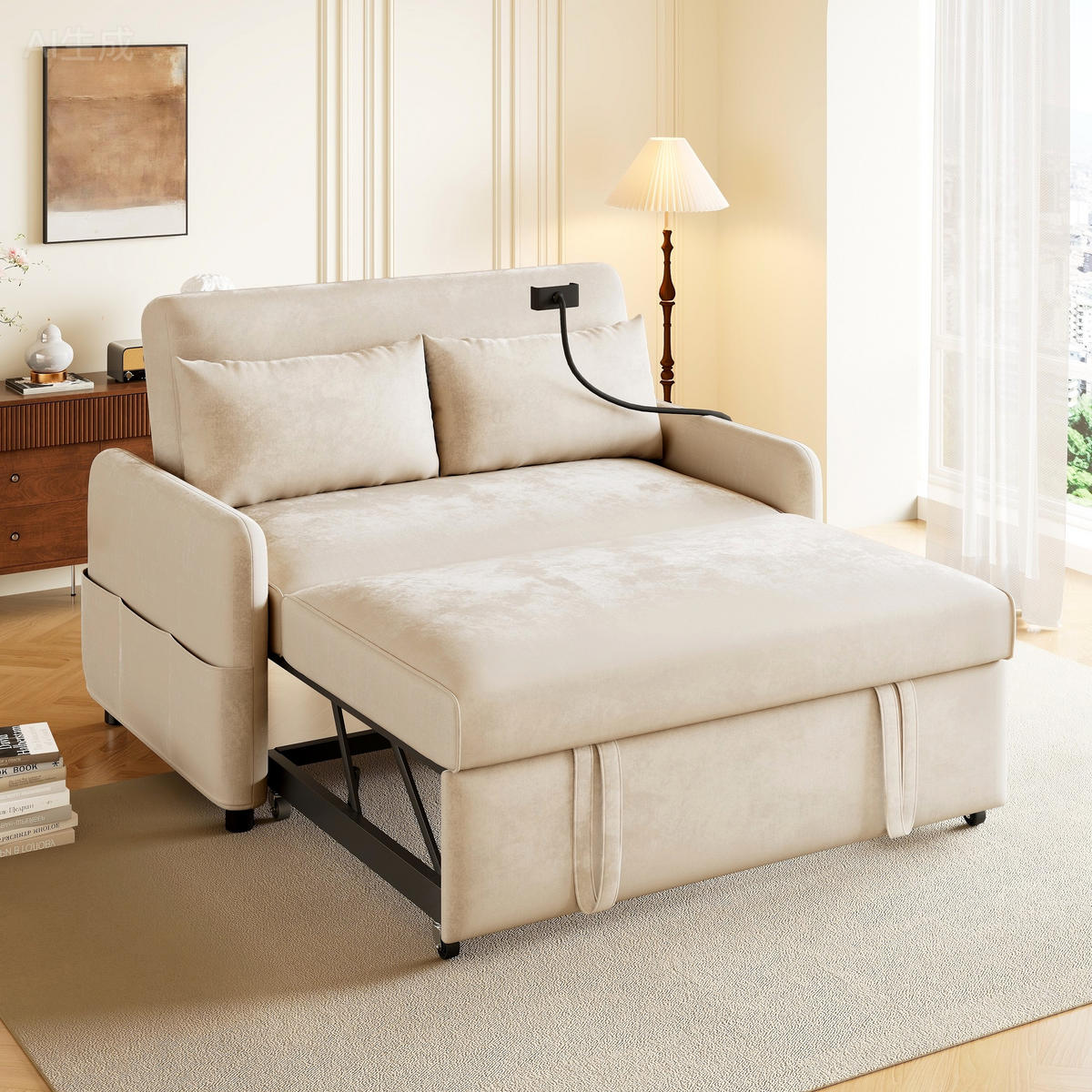 SCHLAFSOFA klappbar mit Rückenlehne, Handyhalter und USB - Beige, Textil (129/81/76cm)