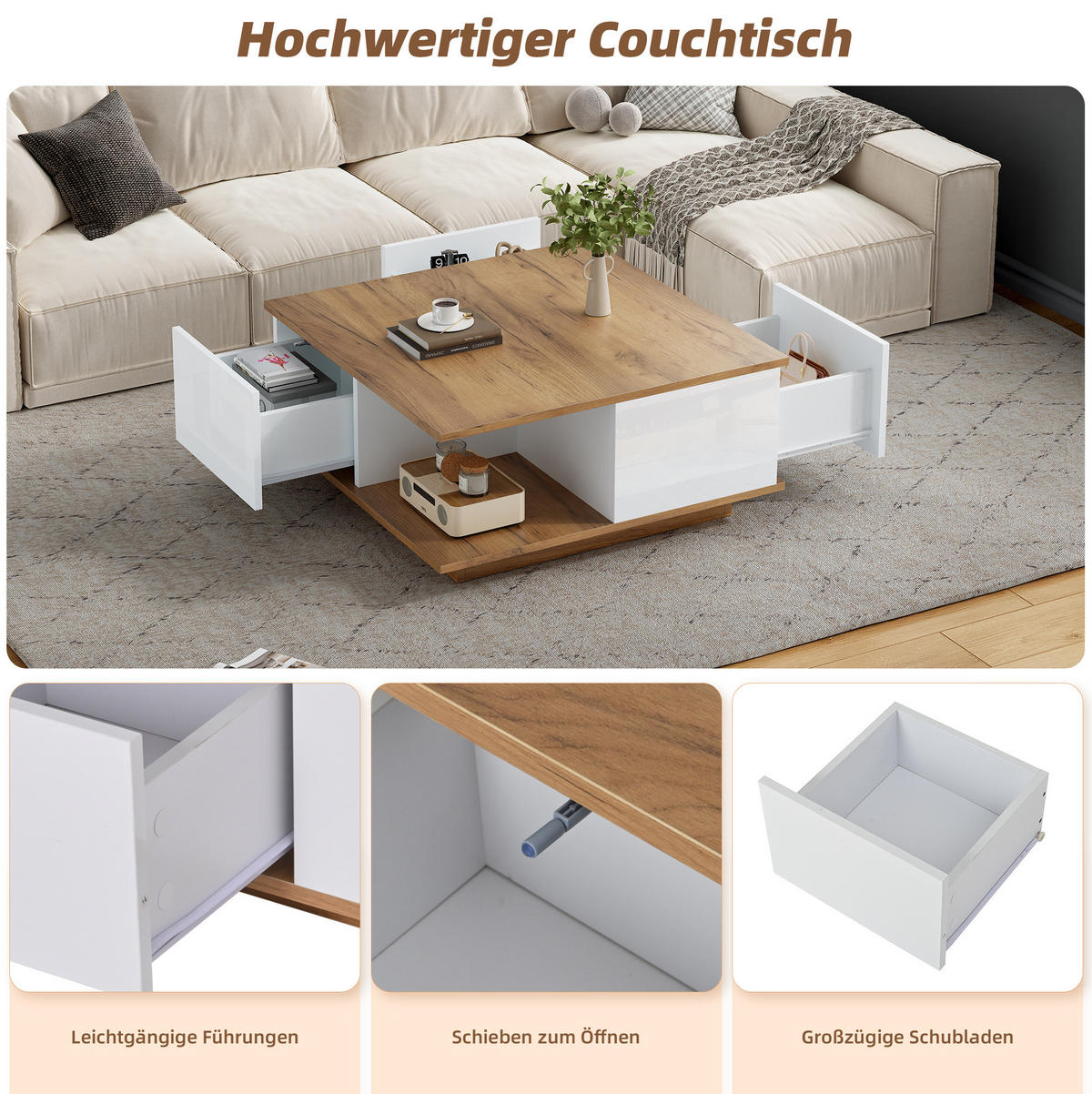 COUCHTISCH aus Spanplatte 70x70x31,5 cm Weiß/Walnuss mit 3 Schubladen und offenem Stauraum - Walnussfarben, Holzwerkstoff (70/70/31.5cm) - IVMEU