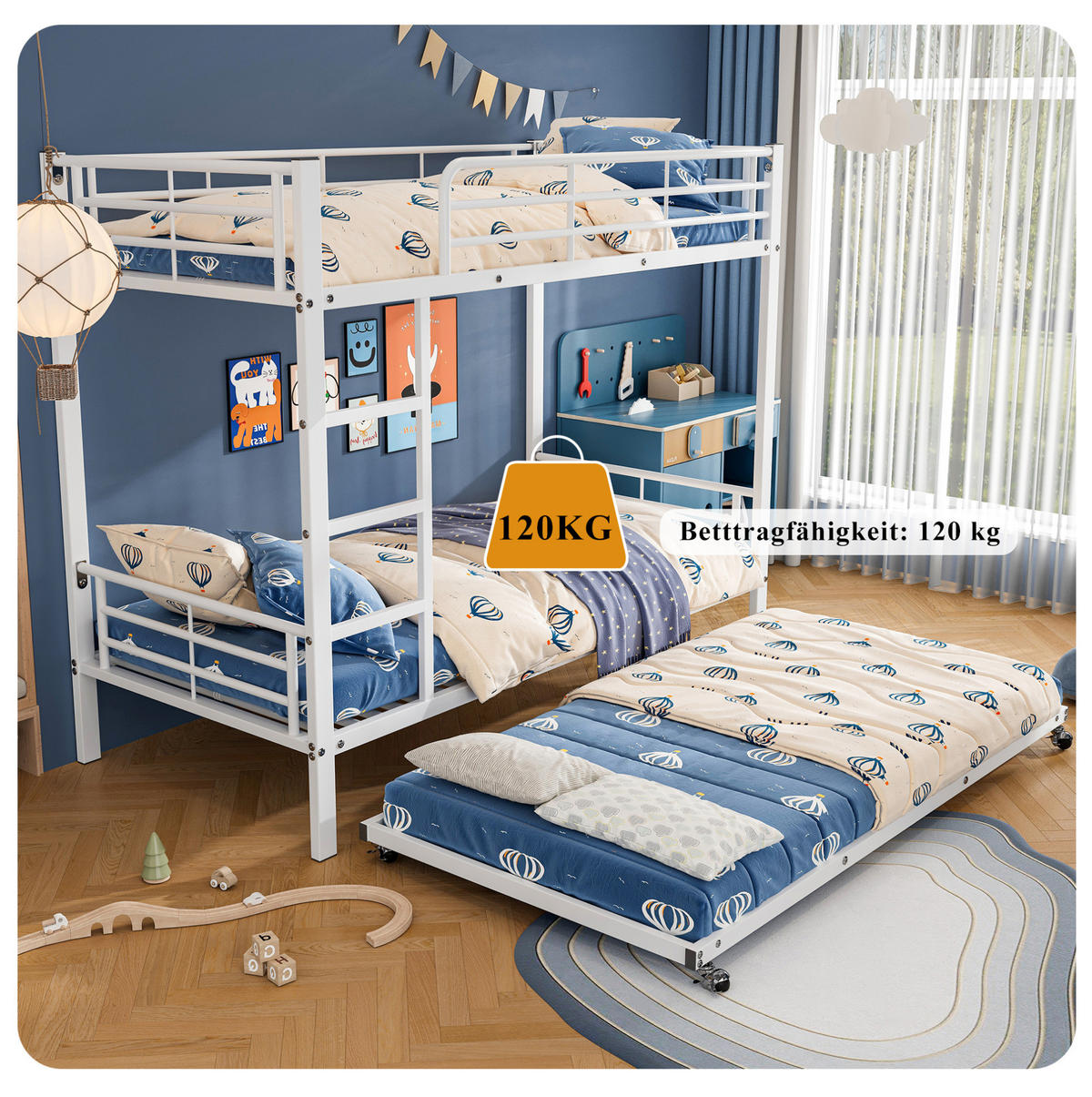 POSCHODOVÁ posteľ 204/95/160 cm biela s výsuvným lôžkom a rebríkom z kovu - biela, kov (90/190cm) - OKWISH
