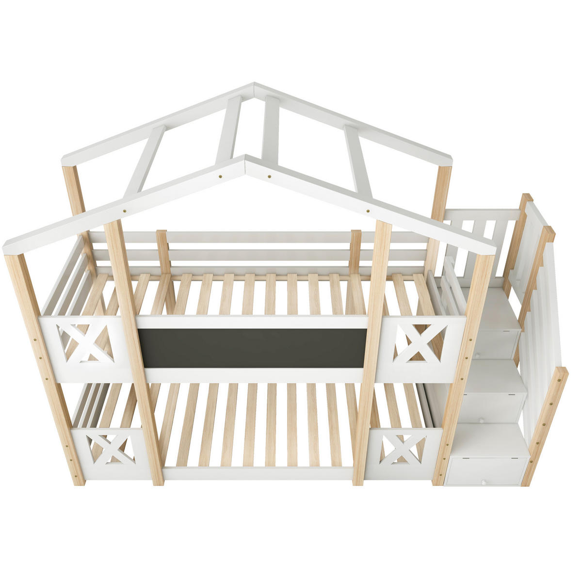 HAUSBETT 90/200 cm in Weiß/Natur mit Treppe, Stauraum und Tafel - Weiß, Holzwerkstoff (90/200cm) - Flora Grace
