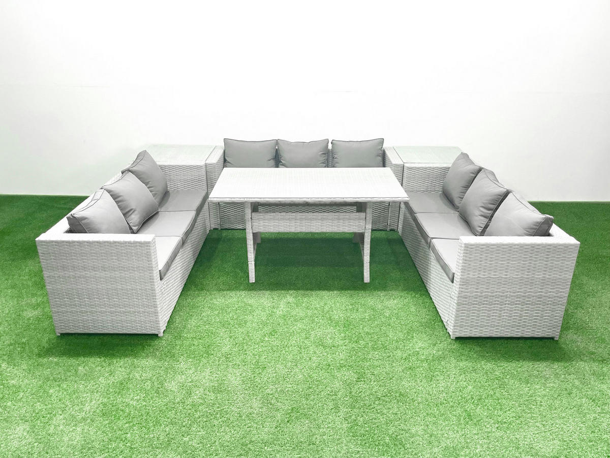 GARTENSET mit Esstisch,Sofa,2 Beistelltischen Polyrattan Hellgrau 9-Sitzer - Hellgrau/Grau, Glas/Kunststoff - Fimous