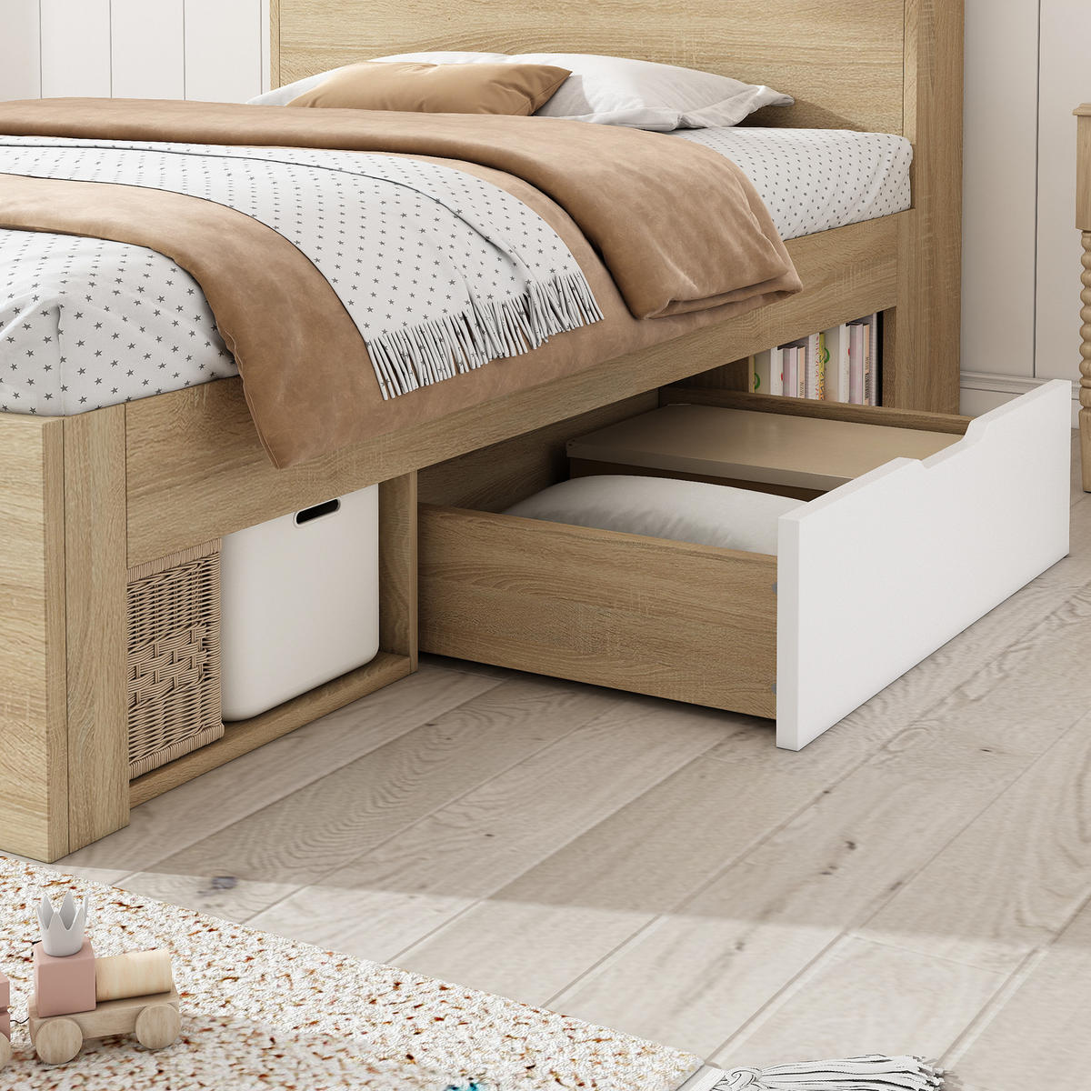 BETT 90/200 cm mit Kopfteil, Stauraum und Lattenrost in Weiß/Eiche - Weiß, Holzwerkstoff (90/200cm) - BEAOK
