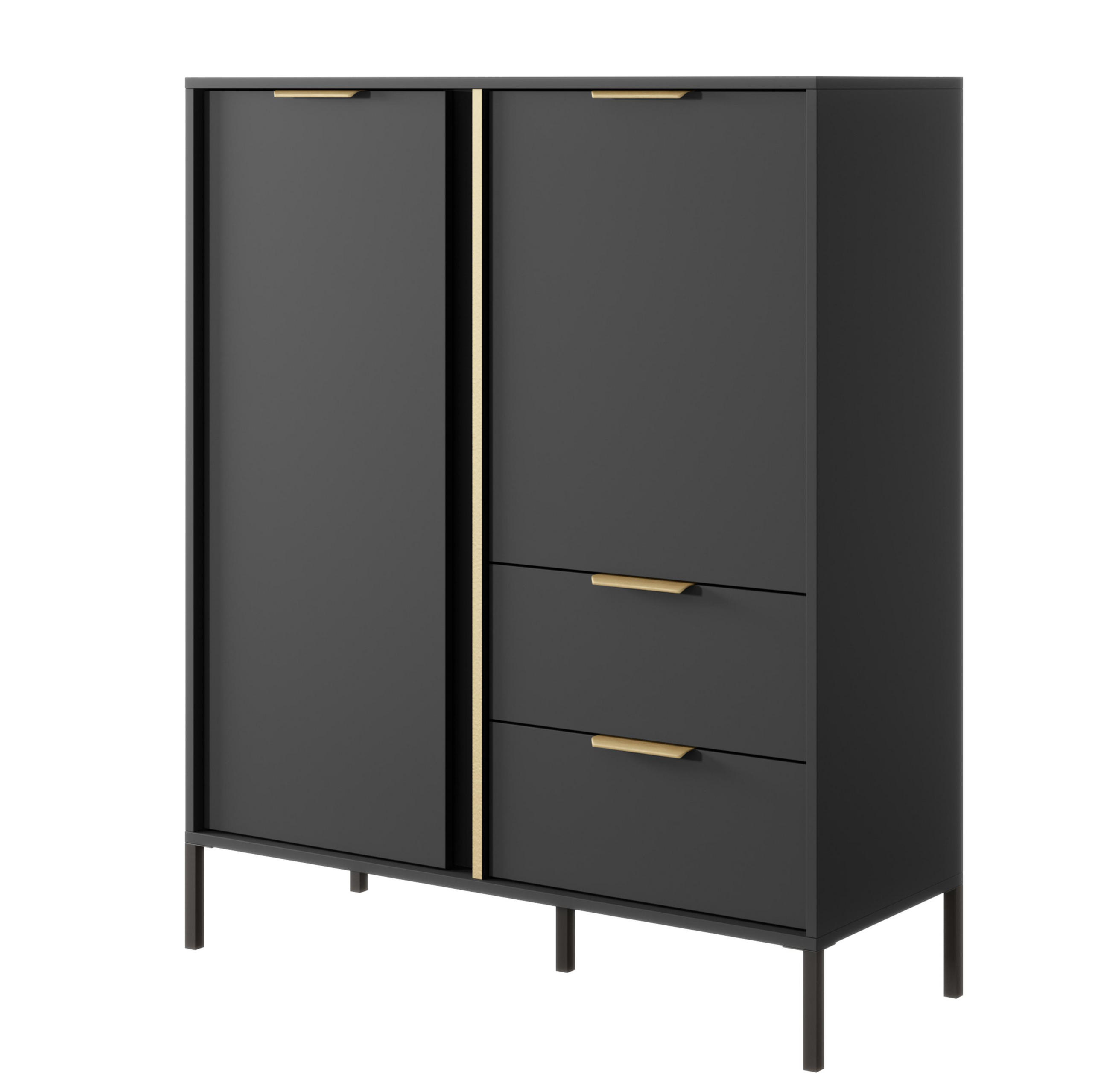 HIGHBOARD Catanian 2T 2S Grau 103,3/123,4/39,5 cm – mit goldenen Griffen und schwarzen Beinen - Schwarz/Grau, Holzwerkstoff/Metall (103.3/123.4/39.5cm) - AX Living