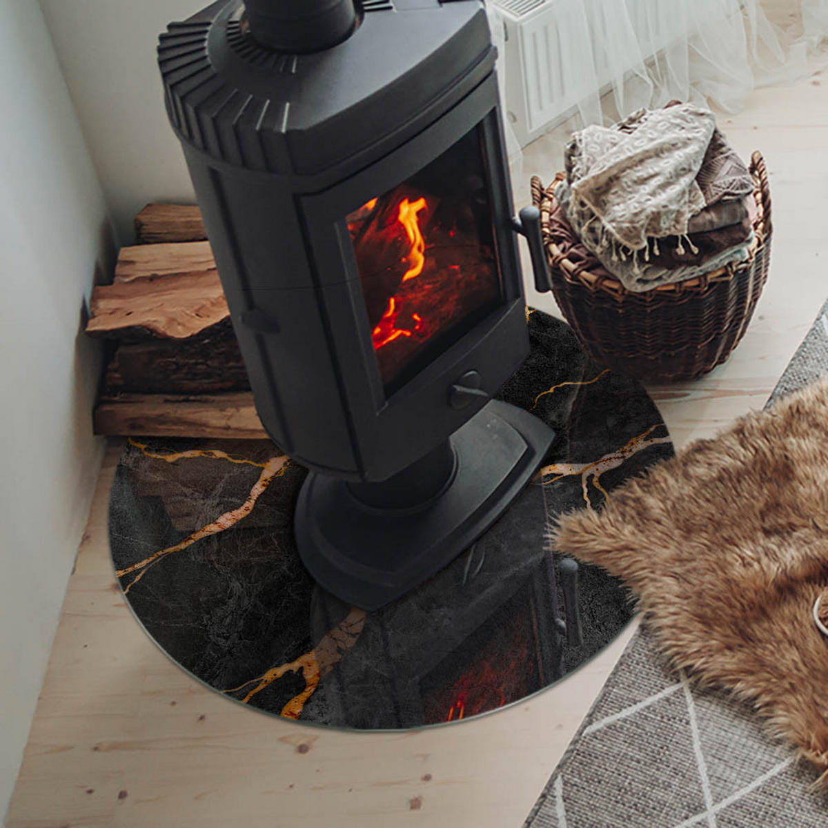 GLASPLATTE für Kamin Ø 70 cm Schwarz - Schwarz, Glas (70/70/0.4cm) - ArtPrintCave