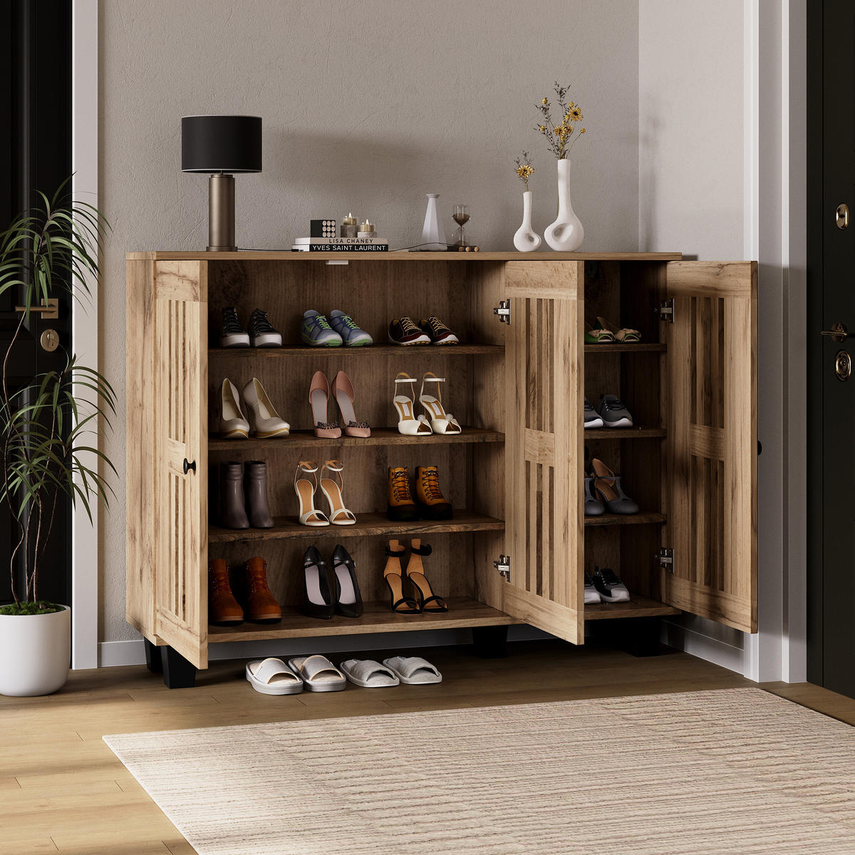 SIDEBOARD Holzoptik Natur, 3 Türen mit Innenfächern und Lamellenfronten, 120/32/92 cm - Naturfarben, Holzwerkstoff (120/92/32cm) - WISHDOR