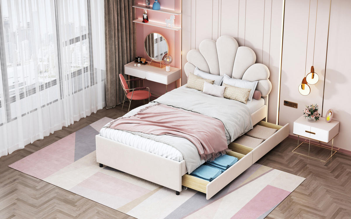 POLSTERBETT 90/200 cm Beige aus Samt mit 2 Schubladen - Beige, Textil (90/200cm) - OKMYHOME