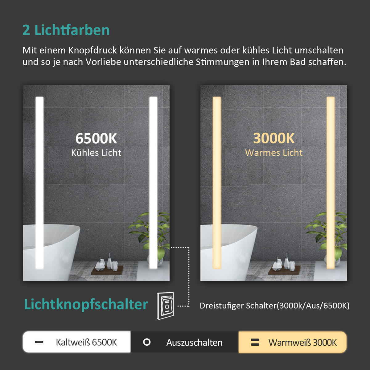 BADSPIEGEL mit Flammschutzfolie und Beleuchtung Rechteckig 60/45 cm - Weiß, Glas (45/3.5/60cm) - EMKE