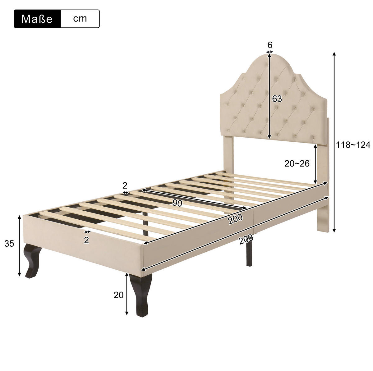 POLSTERBETT 90/200 cm aus Samt mit höhenverstellbarem Kopfteil Beige - Beige, Textil (90/200cm) - Modenvie