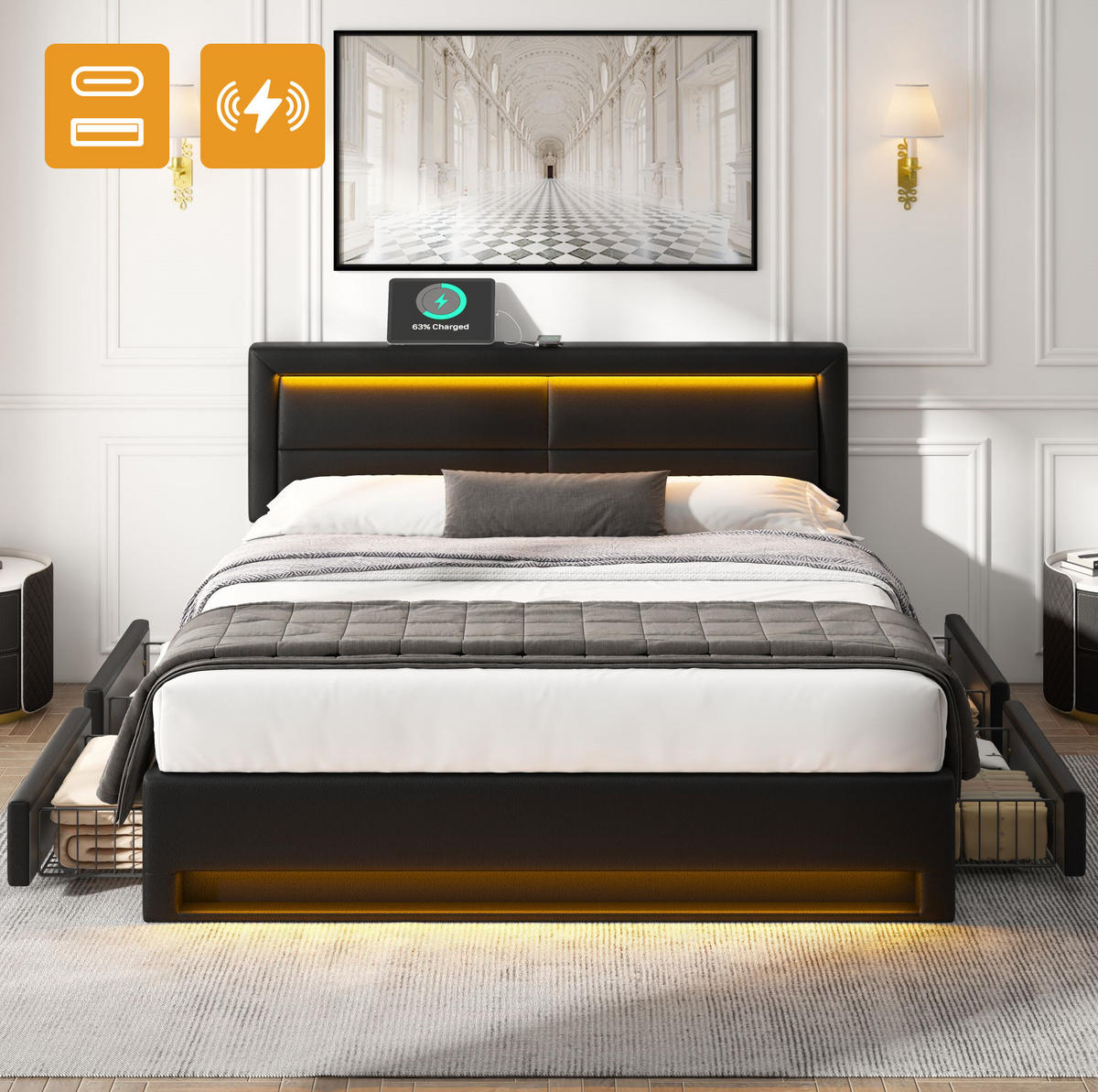 POLSTERBETT 140/200 cm mit LED-Beleuchtung, USB-Anschluss und 4 Schubladen - Schwarz, Kunststoff (140/200cm) - BEAOK