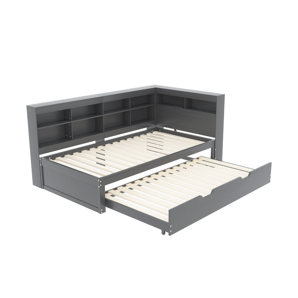 MULTIFUNKTIONSBETT 90/200 cm Grau mit USB-Buchse und Stauraum aus Massivholz - Grau, Holz - OKWISH