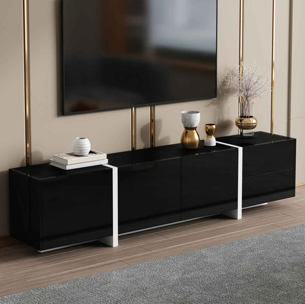 TV-SCHRANK in Schwarz/Weiß Hochglanz mit 3 Türen und Schublade 170/30/39 cm - Schwarz, Holzwerkstoff (170/39/30cm) - Redom