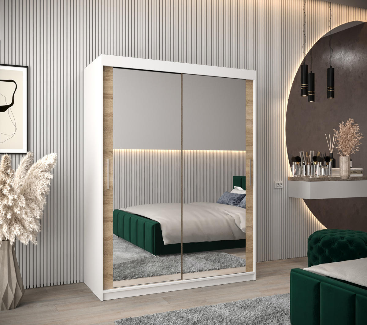 SCHWEBETÜRENSCHRANK 200/150/62 2-türig - Silberfarben/Weiß, Holz/Kunststoff (150/200/62cm) - Abiks Möbel