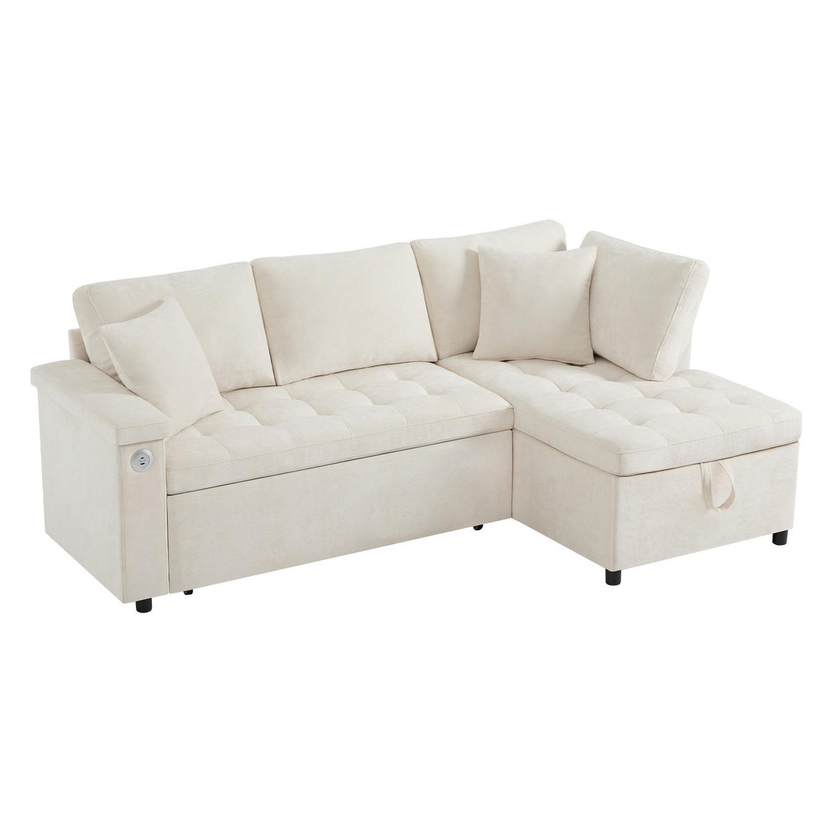 ECKSCHLAFSOFA 209/130/84 cm Beige mit Stauraum, USB-Ladegerät, Armlehnenablage und 2 Kissen - Beige, Textil (209/130cm) - Oxeza