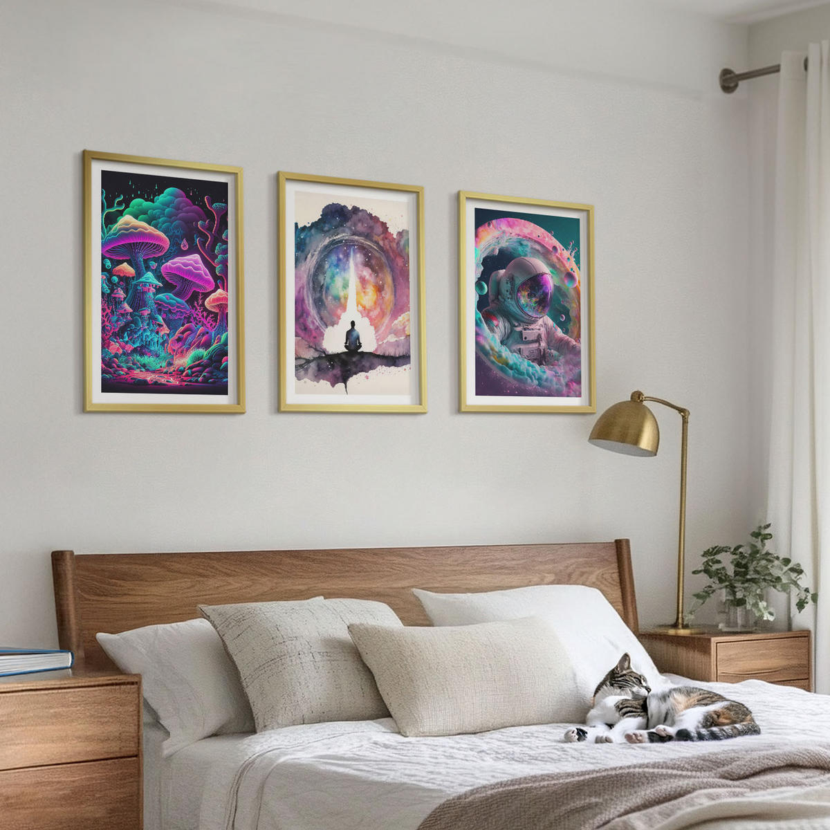 BILDER SET 3er Set - 40x60 cm Goldrahmen - Farbenfrohe Fantasy-Kunstillustrationen - Goldfarben, Kunststoff (40/60cm) - TULUP