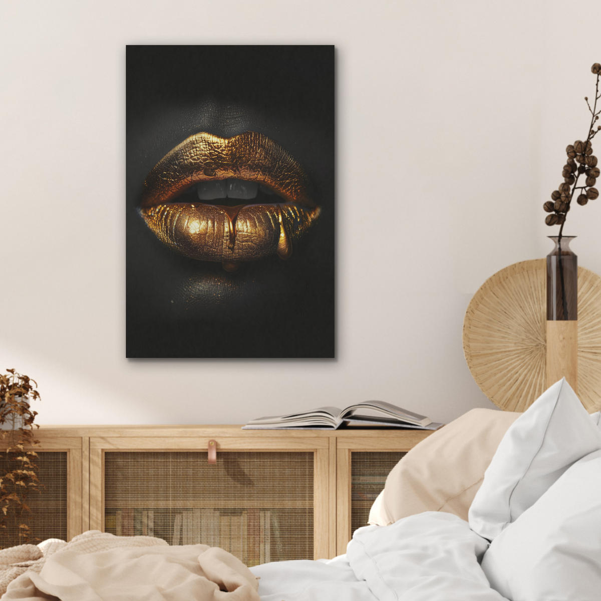 AKUSTIKBILD Frau - Porträt - Lippen - Gold - Schwarz Kunstdruck Schlafzimmer 50x70 cm - Schwarz, Kunststoff (50/70/0.9cm) - MuchoWow