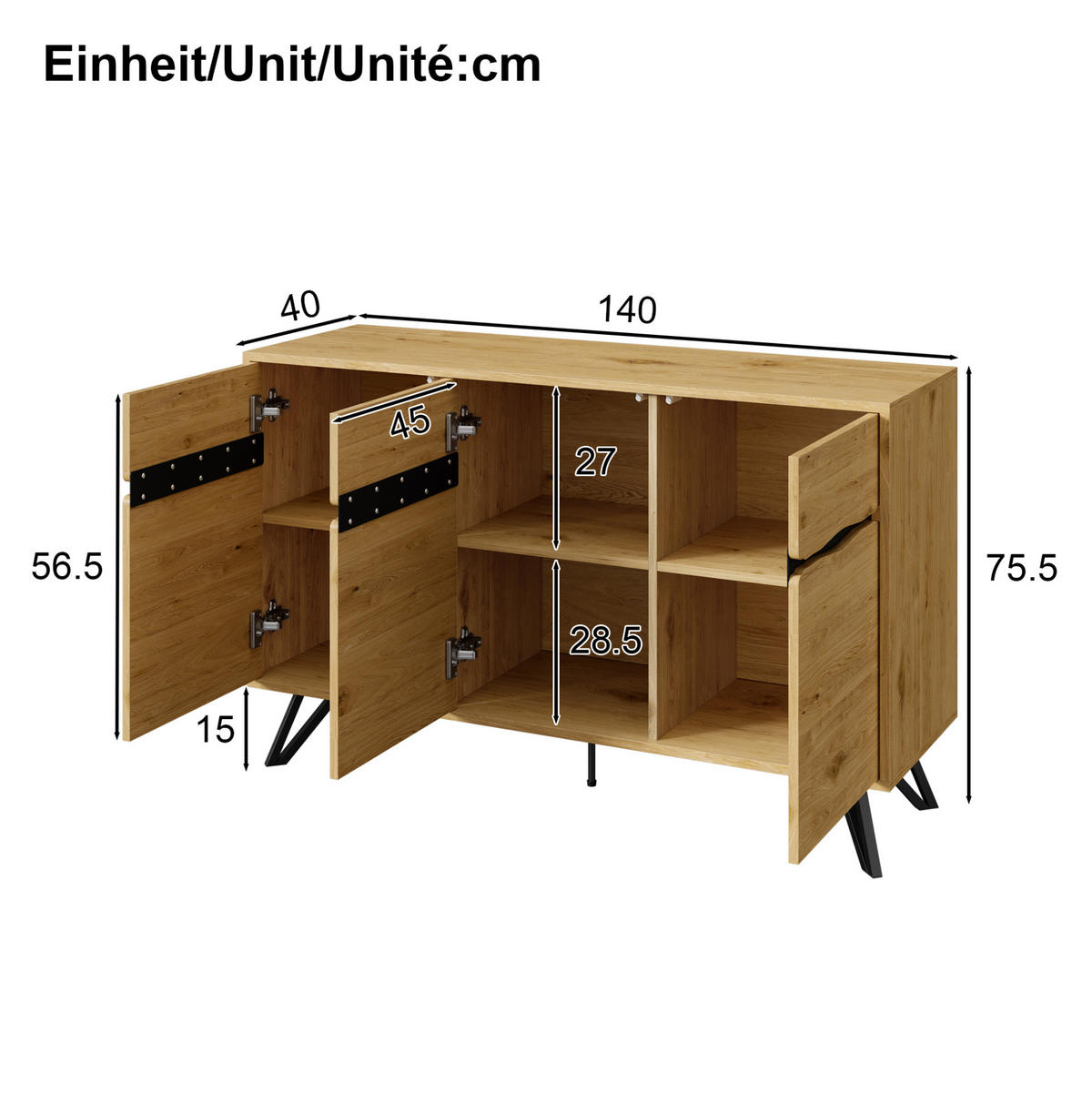 SIDEBOARD 140/40/75,5 cm z dřevotřísky v dekoru dřeva a černé - přírodní, kompozitní dřevo (40/75.5/140cm) - Modenvie