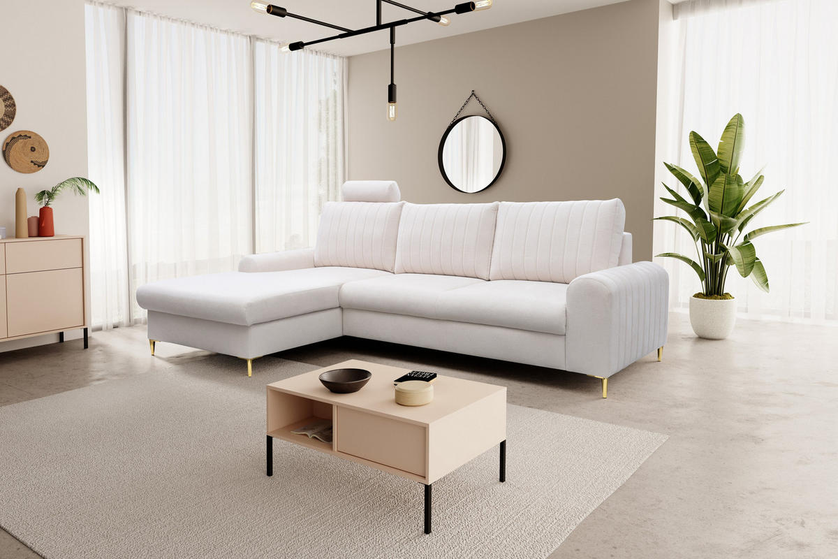 ECKSOFA VERONA L-S Creme Geflochtener Stoff mit Schlaffunktion - Creme, Holz (251/164cm) - MASSENO