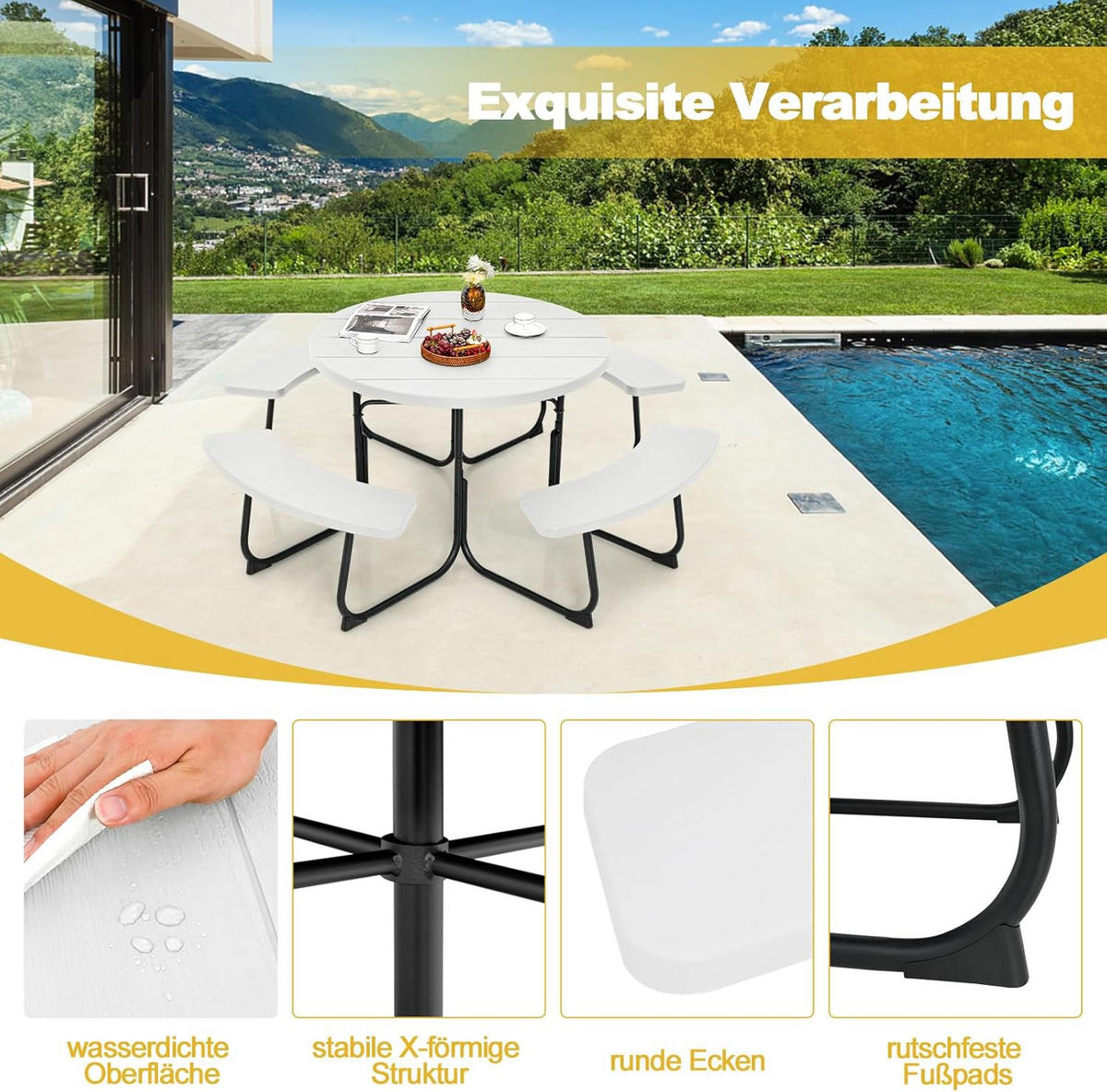 GARTENTISCH Weiß - Weiß, Kunststoff (190/190/76cm) - COSTWAY
